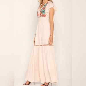 New Miss Me Floral Embroidery Women Maxi Dress V-Neck Blusk Pink Ruffle Sleeve L